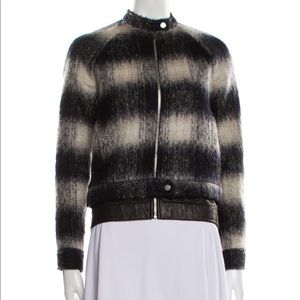 Mohair Plaid Leather Trim Bomber Jacket